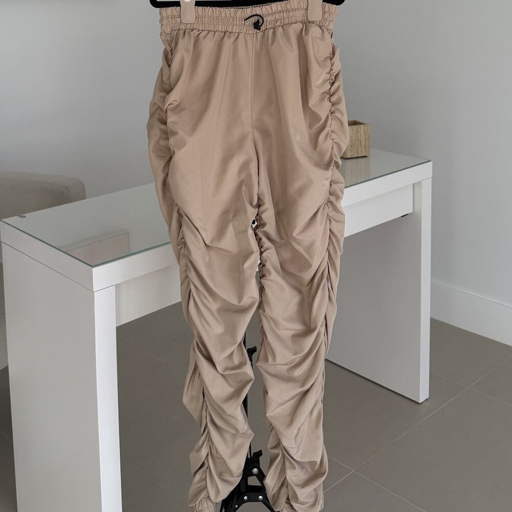Beige Ruched Jogger Pants